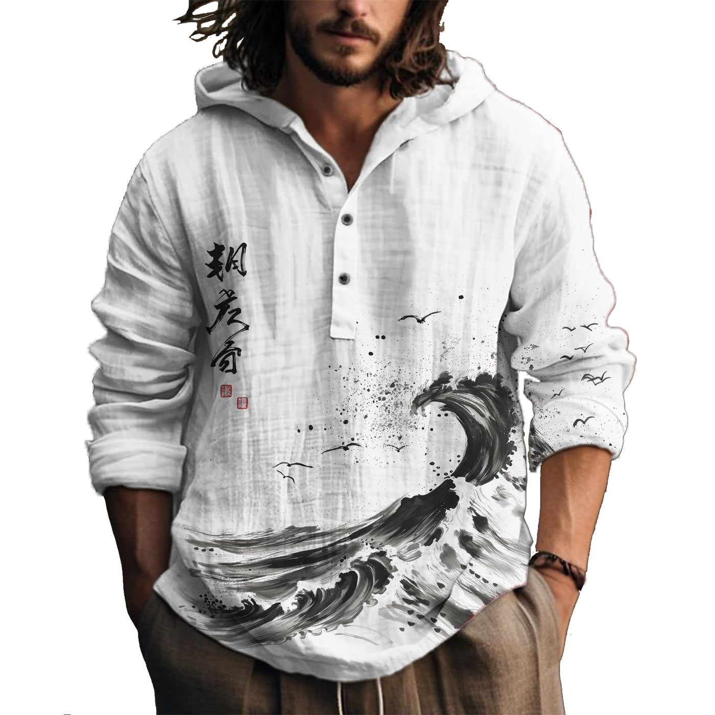 MARSVOVO Hooded Long Sleeve Shirt Men Fashion Graphic Button Up Lightweight Big and Tall Casual Vacation Shirts for Men