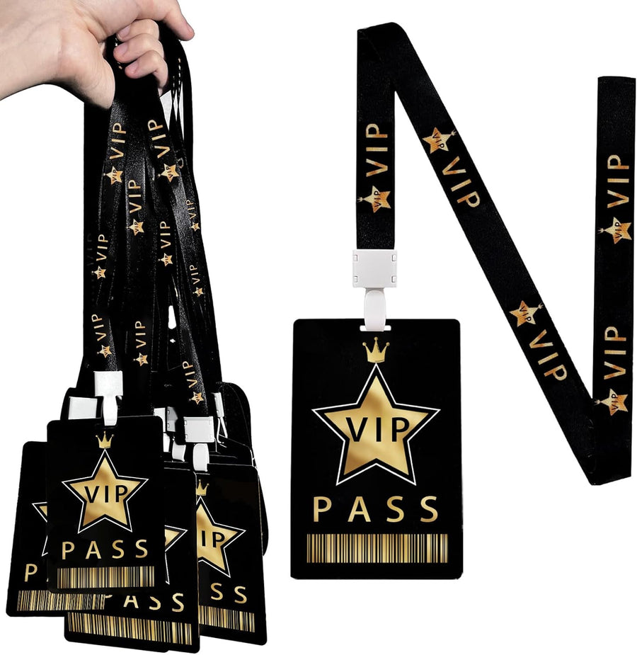50 Sets VIP Badge Lanyards with VIP Pass Cards VIP Lanyards with Star, Black Breakaway Lanyard PVC VIP Cards for Backstage Concert Event Birthday Party Organizer (Black, Gold)
