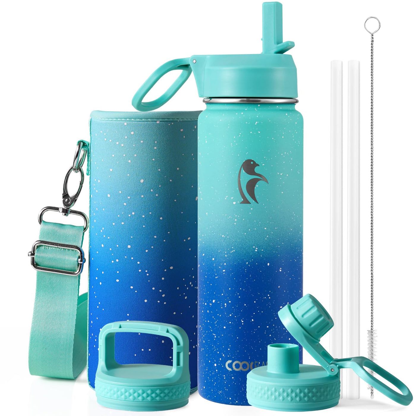 Water Bottle 40 oz Insulated with Straw&Brush, Coolflask Vaccum Stainless Steel Metal 3 Lids Water Flask for Sports, Gym or Office, Keep Cold 48H Hot 24H, Magic Black
