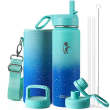 Water Bottle 40 oz Insulated with Straw&Brush, Coolflask Vaccum Stainless Steel Metal 3 Lids Water Flask for Sports, Gym or Office, Keep Cold 48H Hot 24H, Magic Black