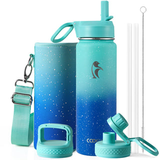 Water Bottle 40 oz Insulated with Straw&Brush, Coolflask Vaccum Stainless Steel Metal 3 Lids Water Flask for Sports, Gym or Office, Keep Cold 48H Hot 24H, Magic Black