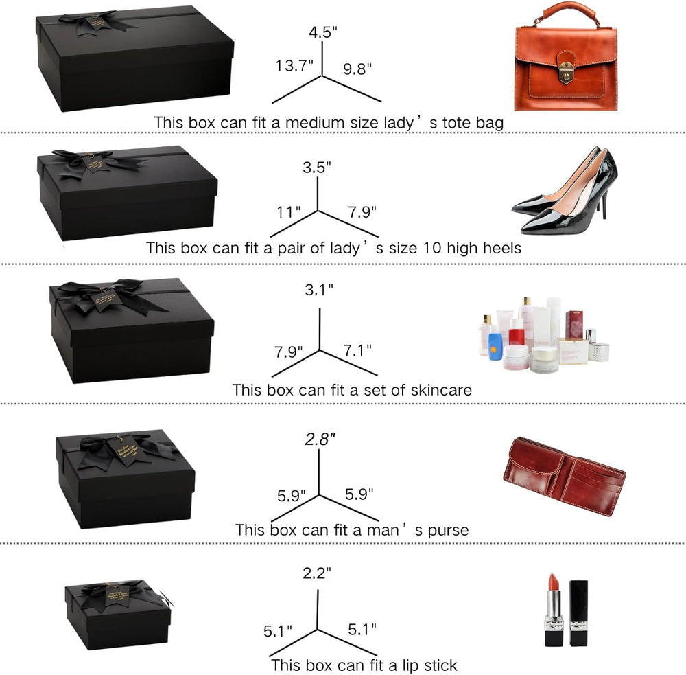 ZENFUN 5 Pack Black Nested Gift Boxes with Lid for Valentine's Presents, 5 Sizes Luxury Packaging Box with Ribbon Bows and Label Gift Wrap for Thanksgiving Birthday, Weddings, Mother's Day 13.7'' to 5.1''