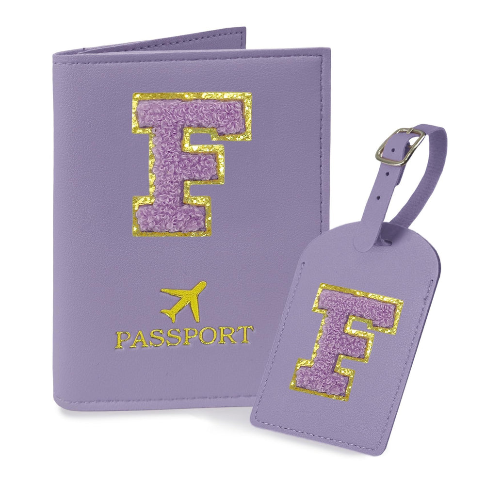 COSHAYSOO Purple Passport Cover Holder and Initial Luggage Tag Set TSA Approved with Personalized Monogram Chenille Letter Patch for Women Teen Girls, Cute Travel Bag Suitcase Identifier (A)