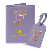 COSHAYSOO Purple Passport Cover Holder and Initial Luggage Tag Set TSA Approved with Personalized Monogram Chenille Letter Patch for Women Teen Girls, Cute Travel Bag Suitcase Identifier (A)