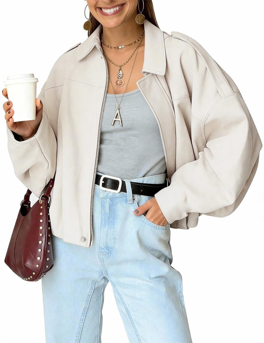 Kissonic Womens Faux Suede Bomber Jacket Oversized Batwing Long Sleeve Zip Up Cropped Coat Streetwear