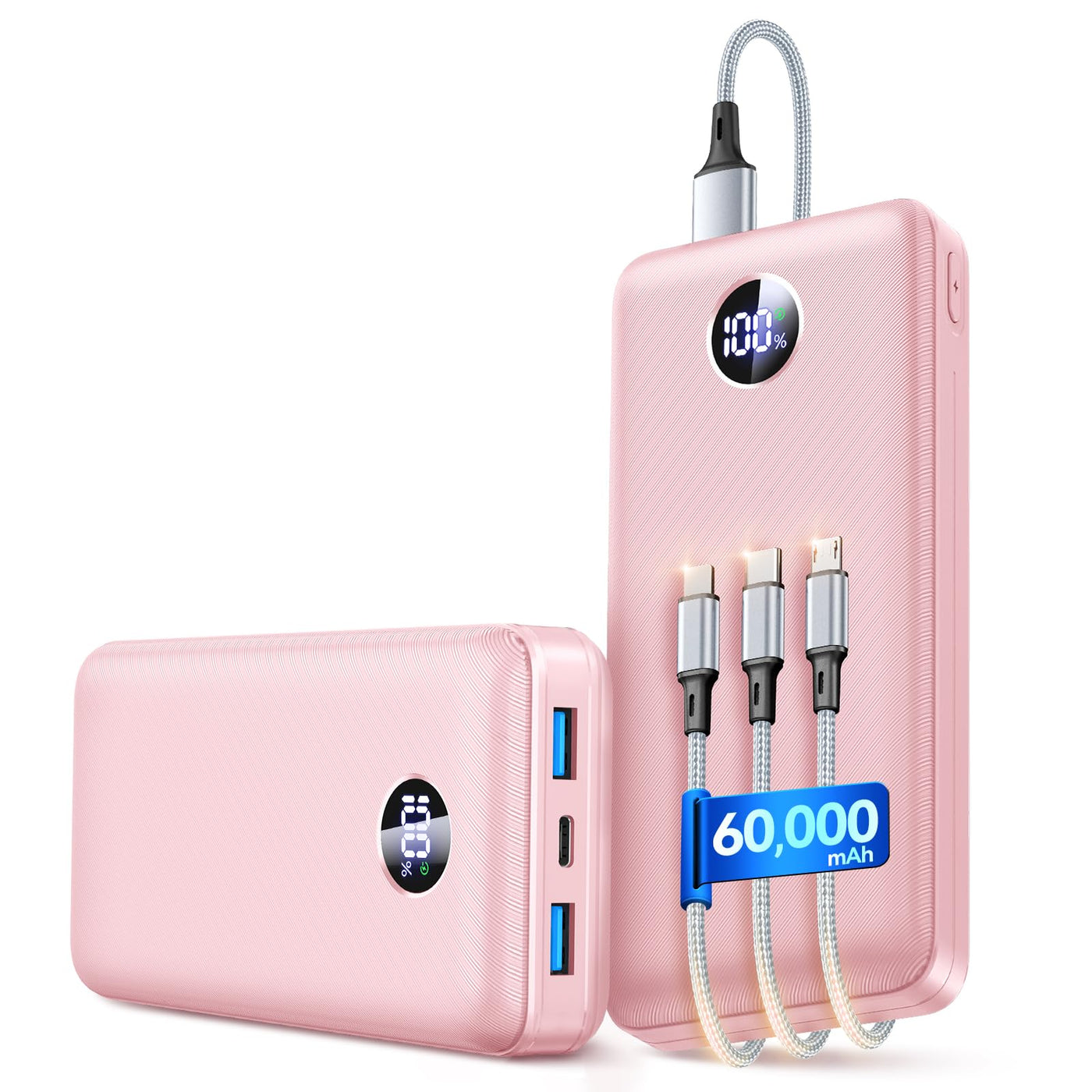 Portable Charger Power Bank - 60,000mAh Battery Pack, 22.5W Fast Charging Phone Charger Attached USB-C/iOS/Micro-USB Cable, Powerbank for iPhone 17 16 15 14 13 Samsung, for Travel Camping Essentials