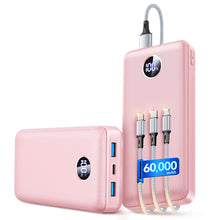 Portable Charger Power Bank - 60,000mAh Battery Pack, 22.5W Fast Charging Phone Charger Attached USB-C/iOS/Micro-USB Cable, Powerbank for iPhone 17 16 15 14 13 Samsung, for Travel Camping Essentials