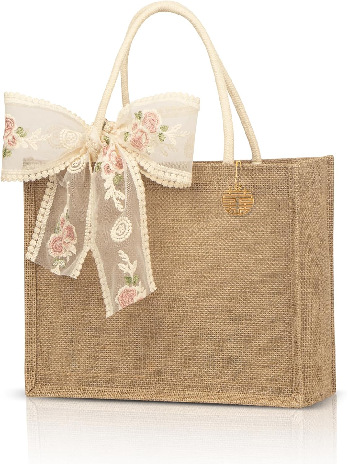 Burlap Jute Tote Bags with PE Lined Water-Resistant Interior, 13x9x5 Inch Reusable Bag for Beach,Shopping, Bridesmaid Gift