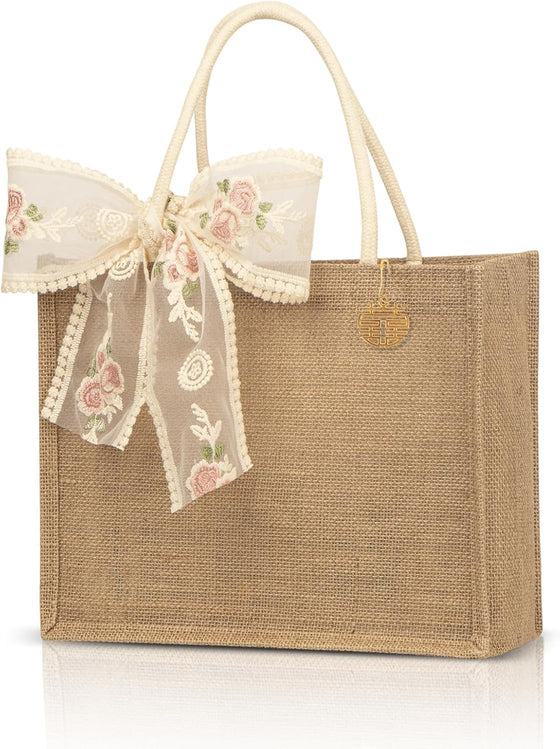 Burlap Jute Tote Bags with PE Lined Water-Resistant Interior, 13x9x5 Inch Reusable Bag for Beach,Shopping, Bridesmaid Gift