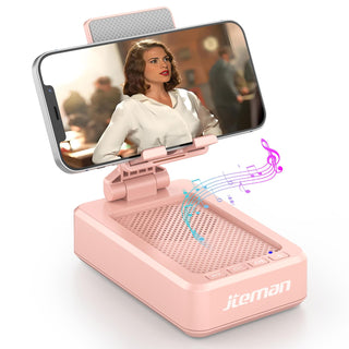 JTEMAN Cell Phone Stand with Bluetooth Speaker, HD Stereo Sound & Anti-Slip Base, Foldable Adjustable Desktop Phone Holder for Home Office, Cool Tech Gadgets Birthday Gifts for Men Women (Black)