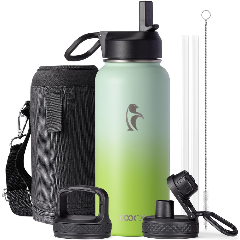Water Bottle 40 oz Insulated with Straw&Brush, Coolflask Vaccum Stainless Steel Metal 3 Lids Water Flask for Sports, Gym or Office, Keep Cold 48H Hot 24H, Magic Black