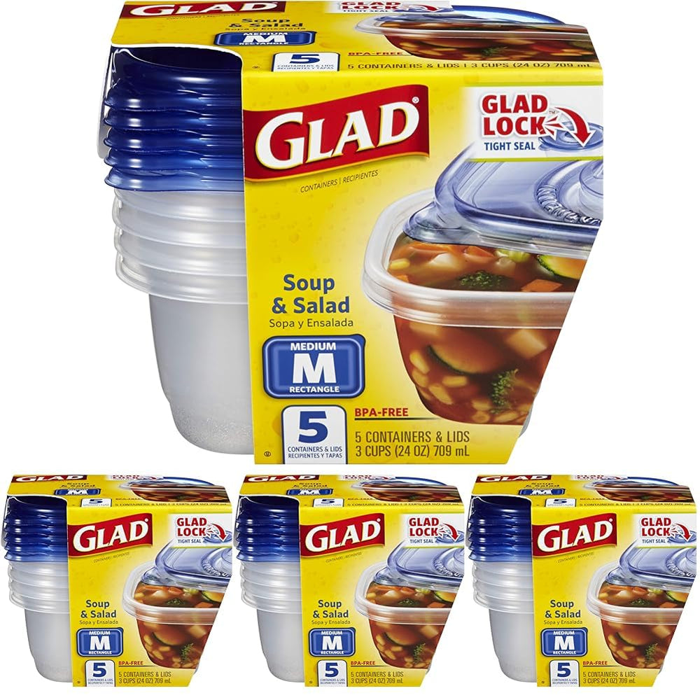 Glad GladWare Medium Rectangle Food Storage Containers with Lids, BPA Free Plastic for Soups Salads and Meal Prep, Airtight Leak Resistant, Microwave Dishwasher Freezer Safe, 24 Oz, 5 Count