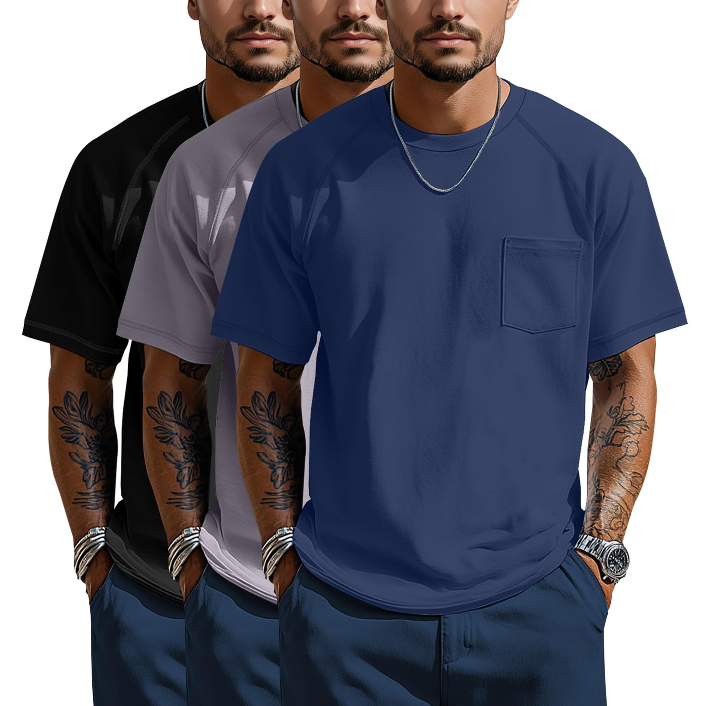 Neer 3 Pack Big and Tall Shirts for Men with Pocket XL-5XL Plus Size Crew Neck Raglan Short Sleeve Summer Casual T Shirts Tee