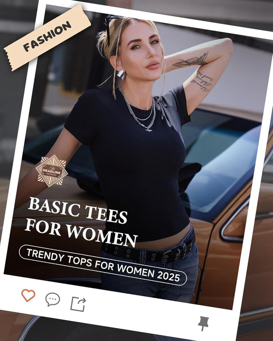 GAYHAY 3 Pack Basic Tees for Women - Crew Neck Slim Fit Tight T Shirts Cute Y2K Trendy Crop Tops Clothes for Casual Summer - hover image