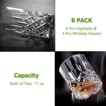 Qipecedm Drinking Glasses, 8 Piece Crystal Glass Cups, Mixed Glassware Set, 4 pcs Crystal Old Fashioned 11oz Highballs and 4 pcs 11oz Whiskey Glasses, Great for Cocktail, Whisky and other Beverages