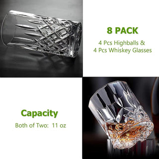 Qipecedm Drinking Glasses, 8 Piece Crystal Glass Cups, Mixed Glassware Set, 4 pcs Crystal Old Fashioned 11oz Highballs and 4 pcs 11oz Whiskey Glasses, Great for Cocktail, Whisky and other Beverages