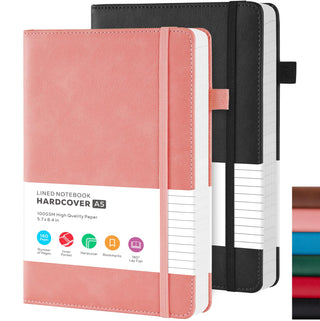 Lined Journal Notebook, A5 (5.7'' x 8.4"), 2 Pack Journaling Notebooks for Women Men Writing Work, Leather Hardcover, 160 Pages per Note Book, 100GSM Thick Paper, School Office Supplies, Black & Brown