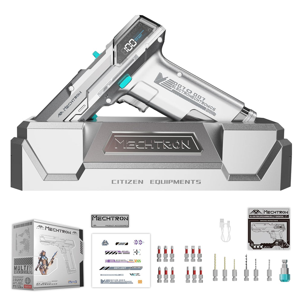 Cyberpunk Gun-Shaped AI Smart 8V Dual-Speed Hammer Drill, Cool Gadget Gifts for Men, Boyfriend, Husband, Dad, Boss, Gamers, Tech Lovers (Silver, 8-Piece Accessory Kit)