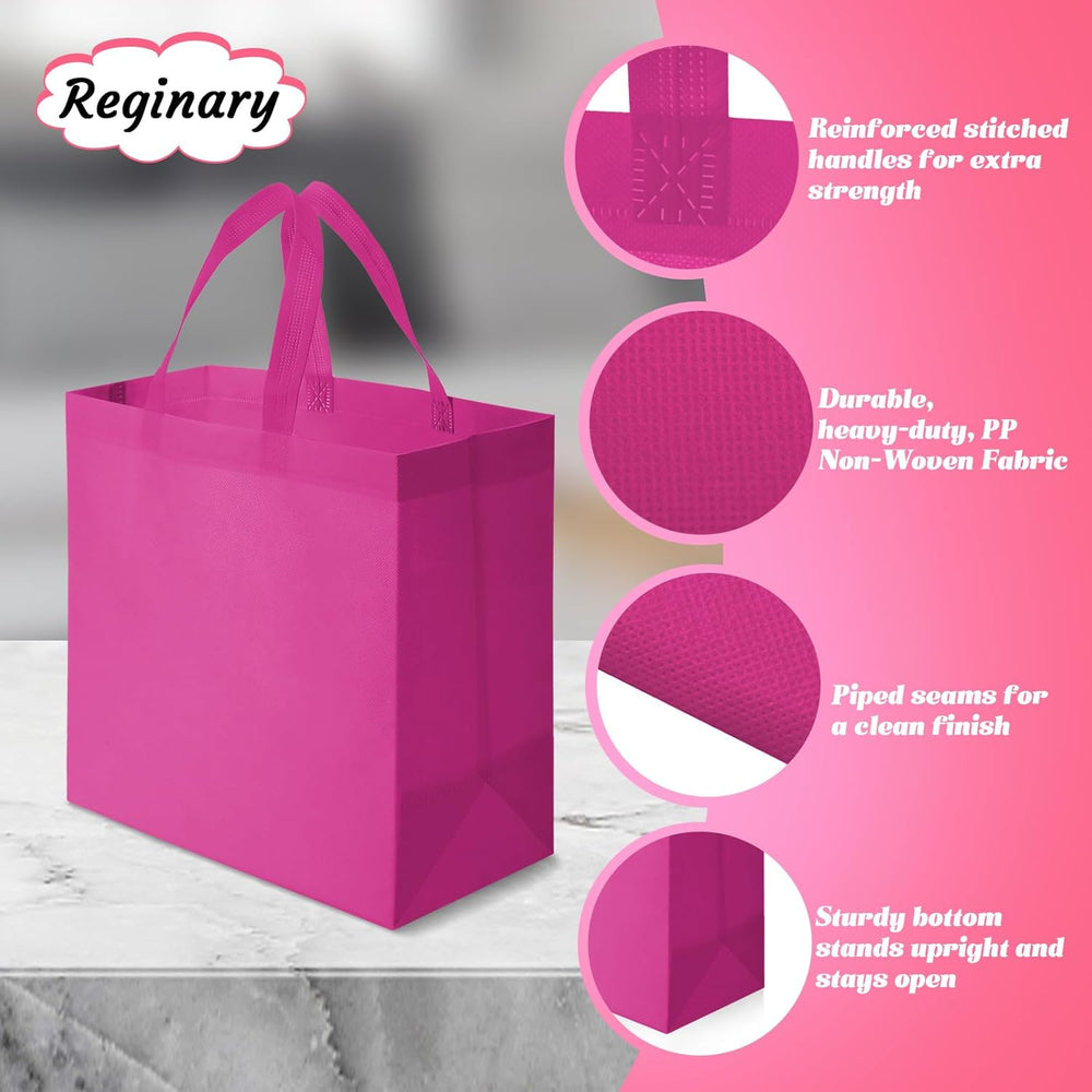 Reginary 100 PCS Reusable Totes Bags - Non Woven Grocery Handle Bags for Shop Events & Retail Store(Rose Pink)