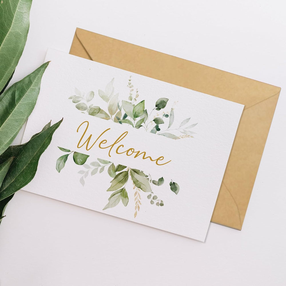 25 Pack 4x6In Welcome Cards for Guests, New Employees with Envelopes, 5 Elegant Green Leaf Designs Greeting Bulk Cards for Business, New Home, Wedding, Baby Shower, Hotels, Birthday