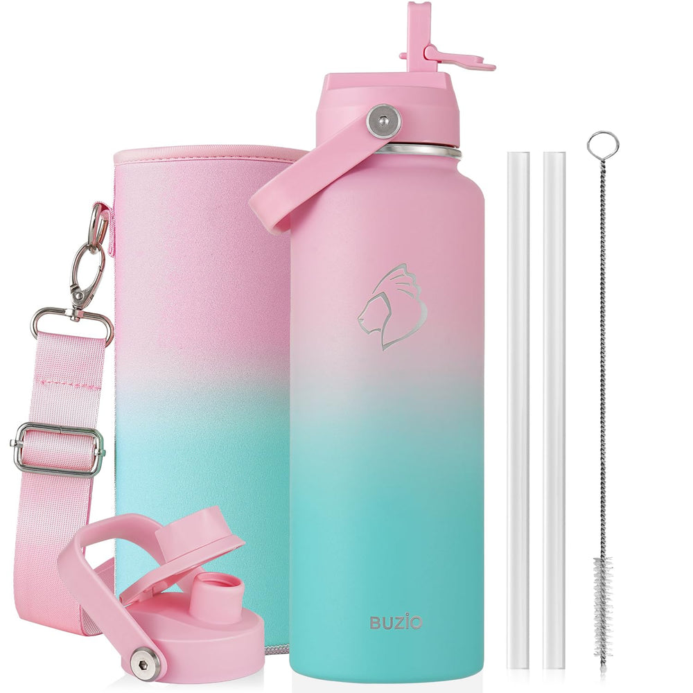 BUZIO 40oz Insulated Water Bottle, Triple Wall Vacuum Stainless Steel Water Flask with 2 lids, Lead-Free BPA-Free Straw Lid Sports Canteen Jug, Cold 48H & Hot 24H- Black