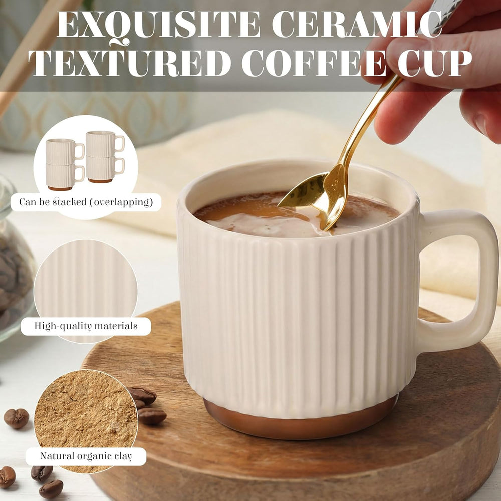 6 Set Ceramic Coffee Mugs with Gold Spoons, 8.8 oz Textured Ribbed Coffee Cups for Latte & Cappuccino, Modern Farmhouse Tea Mugs with Handle, Dishwasher & Microwave Safe(Beige)