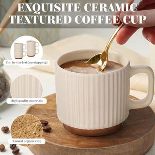 6 Set Ceramic Coffee Mugs with Gold Spoons, 8.8 oz Textured Ribbed Coffee Cups for Latte & Cappuccino, Modern Farmhouse Tea Mugs with Handle, Dishwasher & Microwave Safe(Beige)