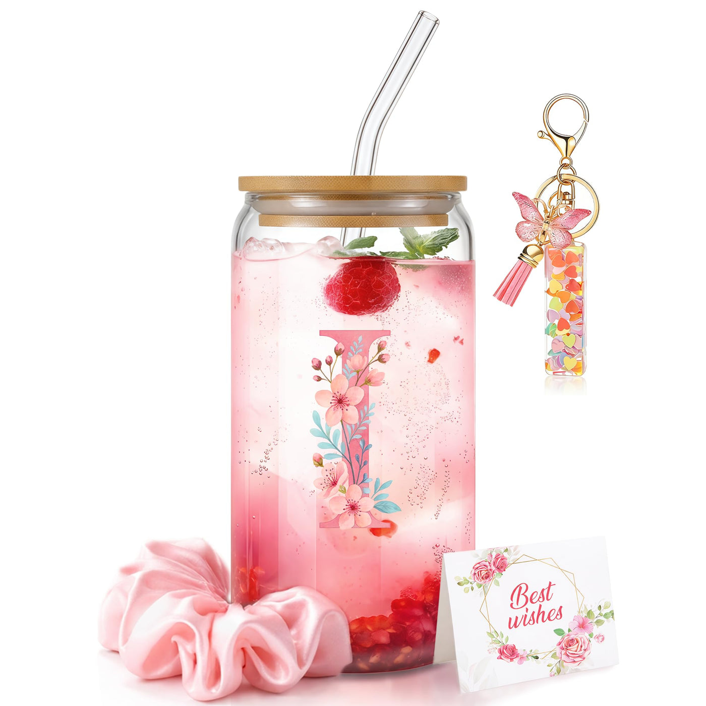 Personalized Initial Glass Cup Gift Set for Women, Custom Monogram Cup with Lid and Straw, Matching Keychain & Card, Bridesmaid or Birthday Gift for Women Friend Sister (Letter S)