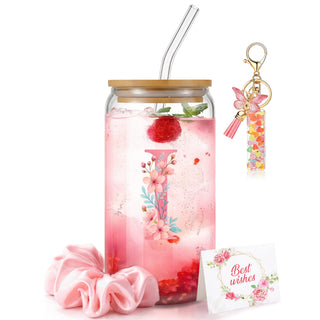 Personalized Initial Glass Cup Gift Set for Women, Custom Monogram Cup with Lid and Straw, Matching Keychain & Card, Bridesmaid or Birthday Gift for Women Friend Sister (Letter S)