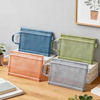 4 Pack Mesh Zipper Pouch with Handles, Nylon Document Bag Double Layer Transparent, Home Office Supplies Document Pouch Storage Bag (A4)