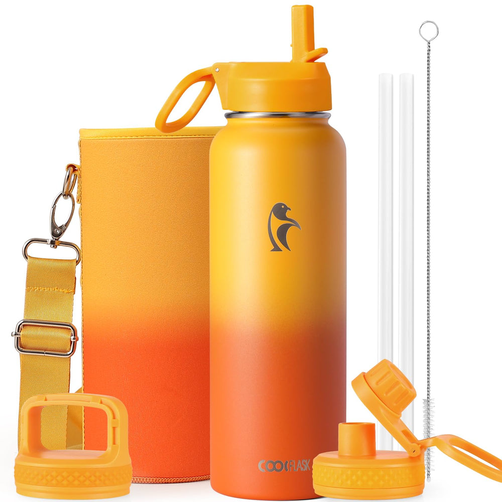 Water Bottle 40 oz Insulated with Straw&Brush, Coolflask Vaccum Stainless Steel Metal 3 Lids Water Flask for Sports, Gym or Office, Keep Cold 48H Hot 24H, Magic Black