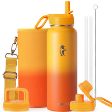 Water Bottle 40 oz Insulated with Straw&Brush, Coolflask Vaccum Stainless Steel Metal 3 Lids Water Flask for Sports, Gym or Office, Keep Cold 48H Hot 24H, Magic Black