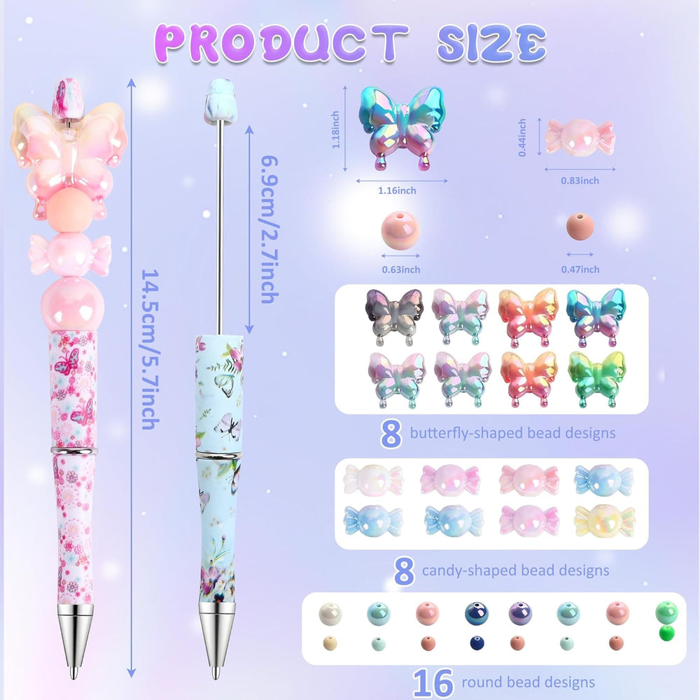 holoith 8 Set Butterfly Flower Beadable Pens Kit, Pen Making Kit with Beads and Refills, Black Ink Ballpoint Smooth Writing, Gift for Diy Present Students Teens Office Supplies
