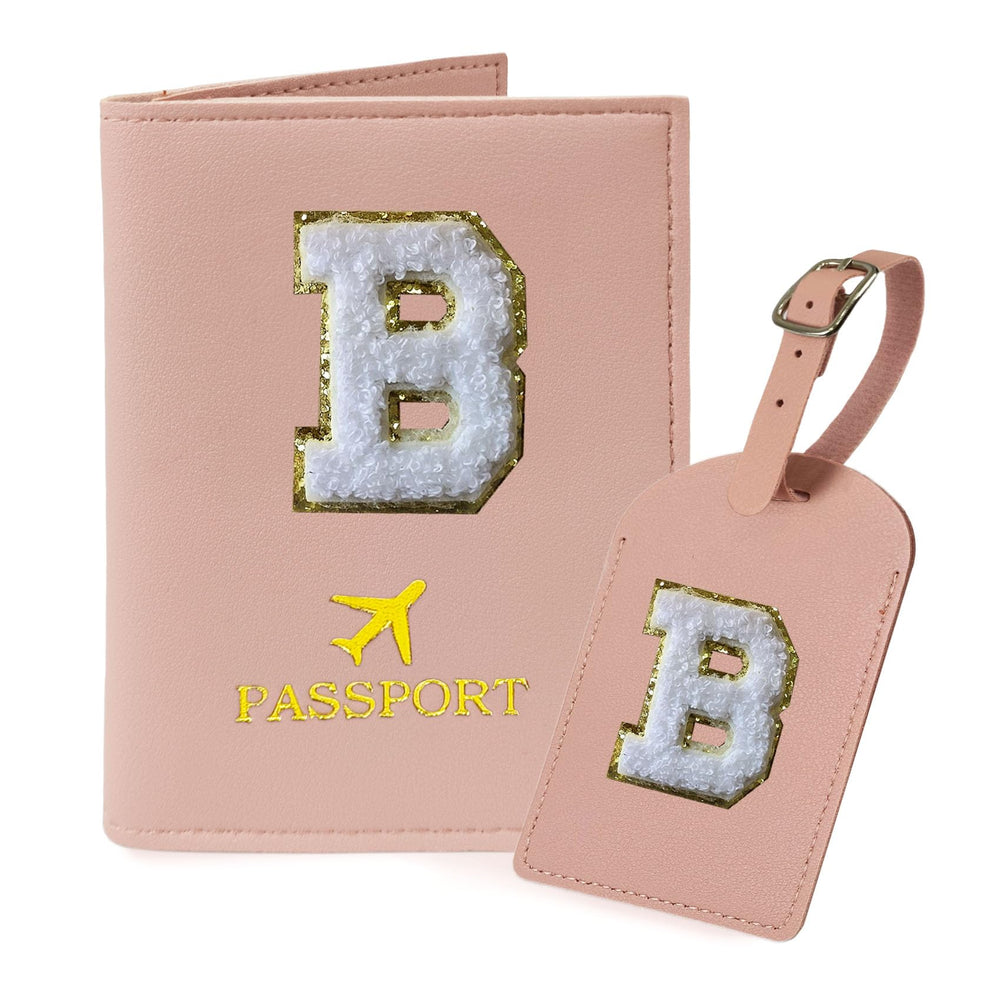 COSHAYSOO Purple Passport Cover Holder and Initial Luggage Tag Set TSA Approved with Personalized Monogram Chenille Letter Patch for Women Teen Girls, Cute Travel Bag Suitcase Identifier (A)