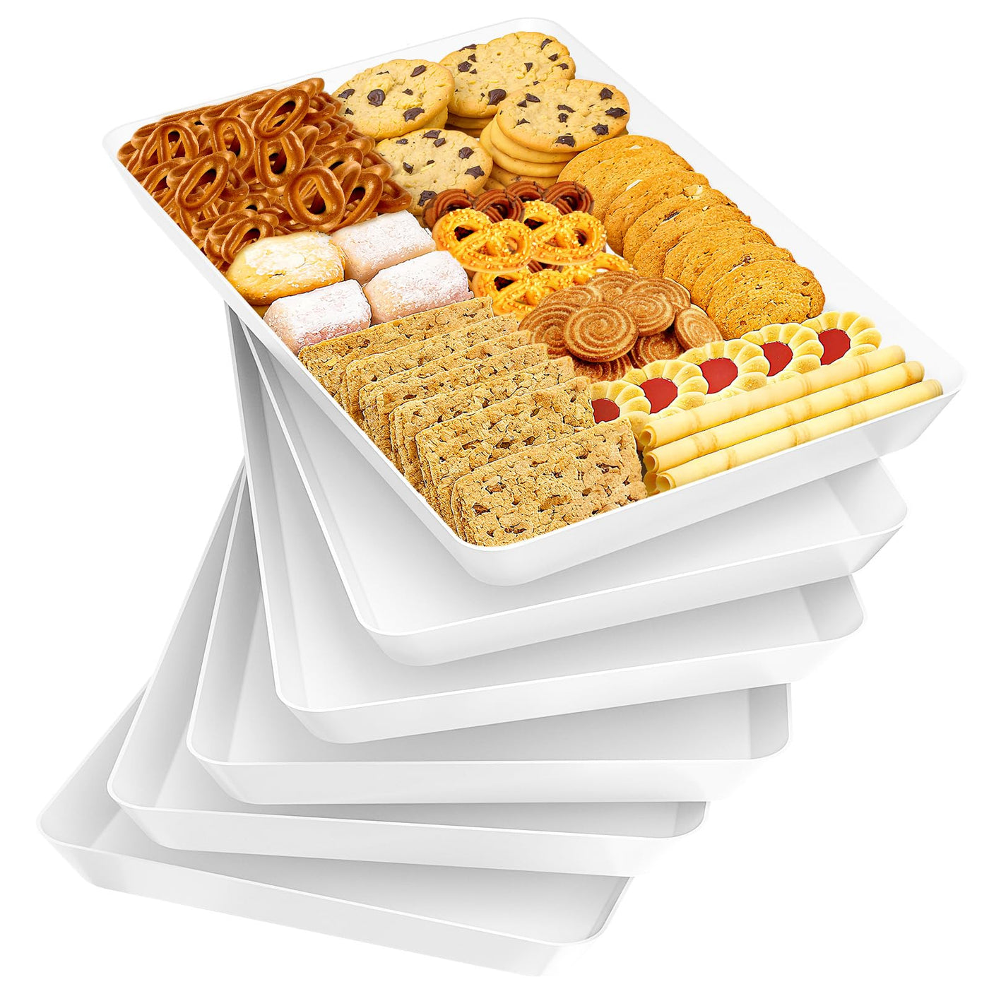 SpaceTrove 4-Pack Serving Tray Set, Reusable Plastic Serving Platter for Party Supplies, Entertaining, Grilling Accessories, Stackable Kitchen Snack Box Container for Dessert, Fruit, Cookie, (Black)