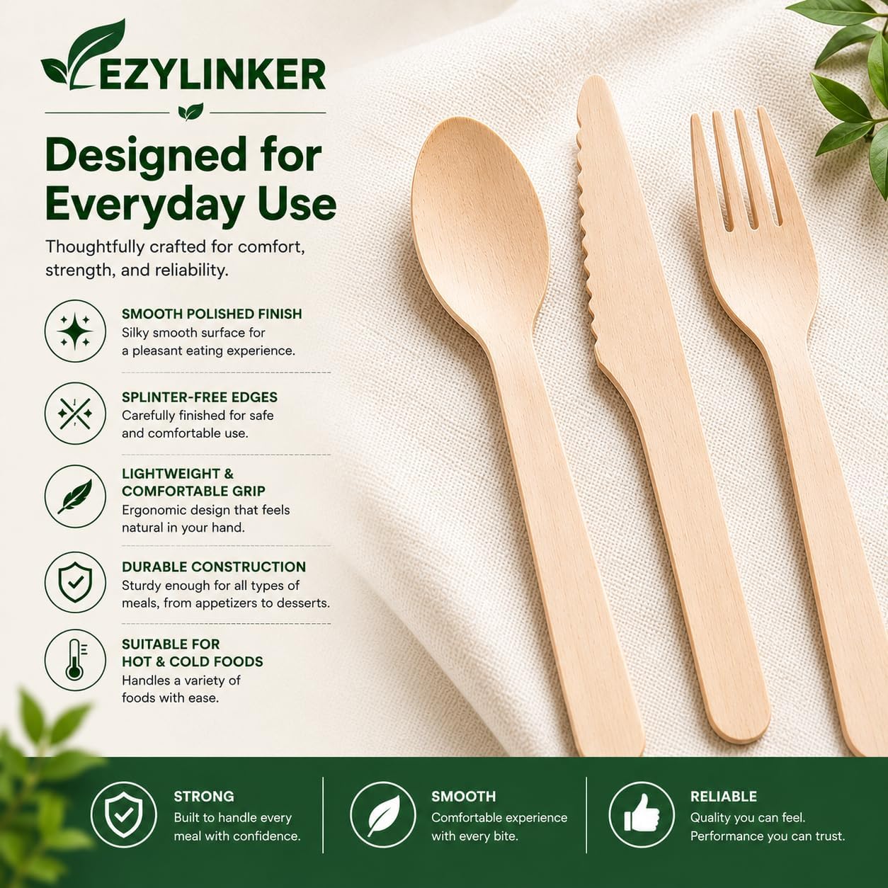 100% Compostable Cutlery Set - 150 Pieces Wooden Compostable Utensils [50 Forks, Knives, Spoons] - Disposable Wooden Cutlery, Eco Friendly Forks & Spoons Set Party Utensils