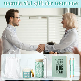 Thenshop 6 Pcs Welcome to the Team Gifts Bulk for New Employee Inspirational Glass Tumbler Notebook Pens Scented Candle with PVC Bag Employee Appreciation Gift Set for New Coworker Office (Sage Green)