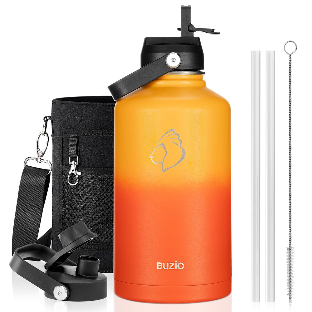 BUZIO 40oz Insulated Water Bottle, Triple Wall Vacuum Stainless Steel Water Flask with 2 lids, Lead-Free BPA-Free Straw Lid Sports Canteen Jug, Cold 48H & Hot 24H- Black