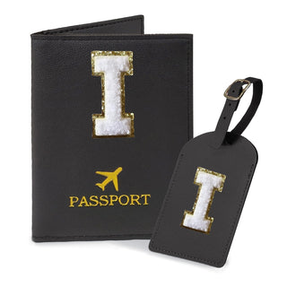 COSHAYSOO Purple Passport Cover Holder and Initial Luggage Tag Set TSA Approved with Personalized Monogram Chenille Letter Patch for Women Teen Girls, Cute Travel Bag Suitcase Identifier (A)