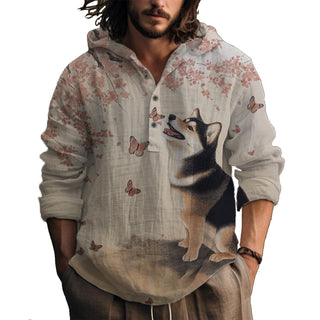 MARSVOVO Hooded Long Sleeve Shirt Men Fashion Graphic Button Up Lightweight Big and Tall Casual Vacation Shirts for Men