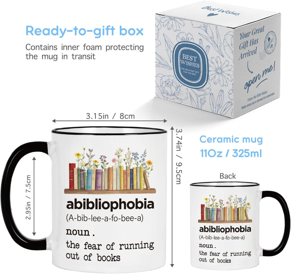 Abibliophobia Definition Coffee Mug Book Lover Gifts for Women Men Friends Librarian Bookworm, Reading Themed Coffee Mugs 11oz, Book Clubs Gifts for Christmas Birthday