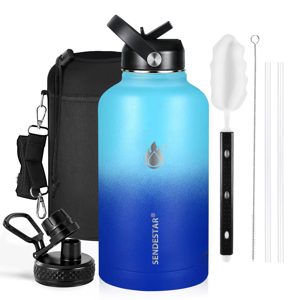 SENDESTAR Water Bottle 32oz Double Wall Vacuum Insulated Leak Proof Stainless Steel Sports Water Bottle—Wide Mouth with New Flex Straw Lid & Spout Lid (Deep Blue&Black)