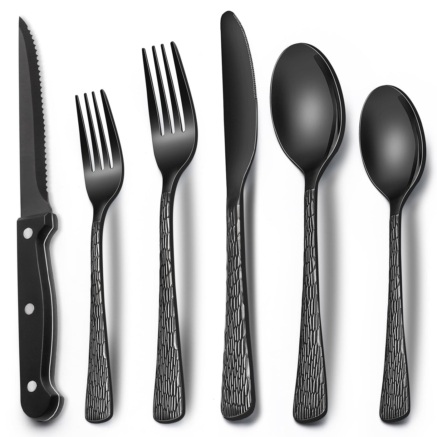 EWFEN 24-Piece Black Silverware Set with Steak Knives, Black Flatware Set for 4, Food-Grade Stainless Steel Tableware Cutlery Set, Mirror Finished Utensil Sets for Home Restaurant, Round Edge