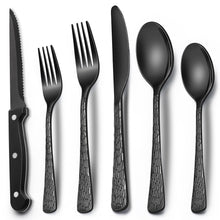 EWFEN 24-Piece Black Silverware Set with Steak Knives, Black Flatware Set for 4, Food-Grade Stainless Steel Tableware Cutlery Set, Mirror Finished Utensil Sets for Home Restaurant, Round Edge