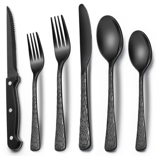 EWFEN 24-Piece Black Silverware Set with Steak Knives, Black Flatware Set for 4, Food-Grade Stainless Steel Tableware Cutlery Set, Mirror Finished Utensil Sets for Home Restaurant, Round Edge