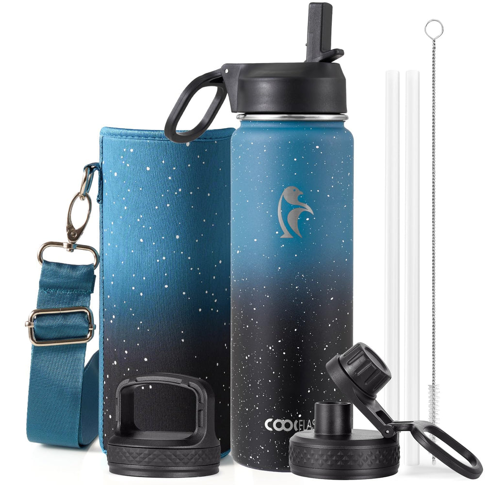 Water Bottle 40 oz Insulated with Straw&Brush, Coolflask Vaccum Stainless Steel Metal 3 Lids Water Flask for Sports, Gym or Office, Keep Cold 48H Hot 24H, Magic Black