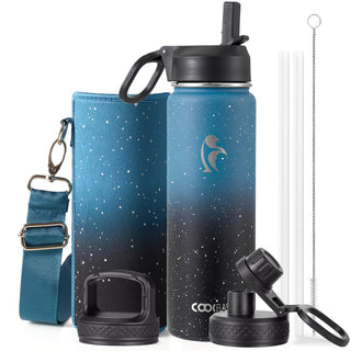 Water Bottle 40 oz Insulated with Straw&Brush, Coolflask Vaccum Stainless Steel Metal 3 Lids Water Flask for Sports, Gym or Office, Keep Cold 48H Hot 24H, Magic Black