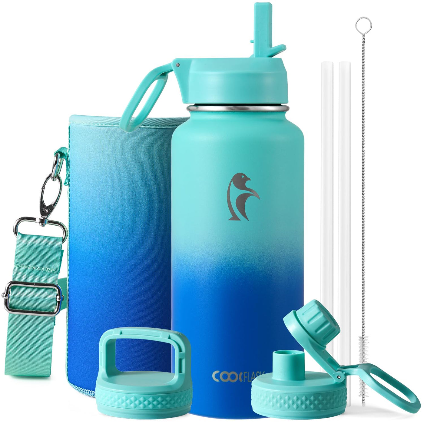 Water Bottle 40 oz Insulated with Straw&Brush, Coolflask Vaccum Stainless Steel Metal 3 Lids Water Flask for Sports, Gym or Office, Keep Cold 48H Hot 24H, Magic Black