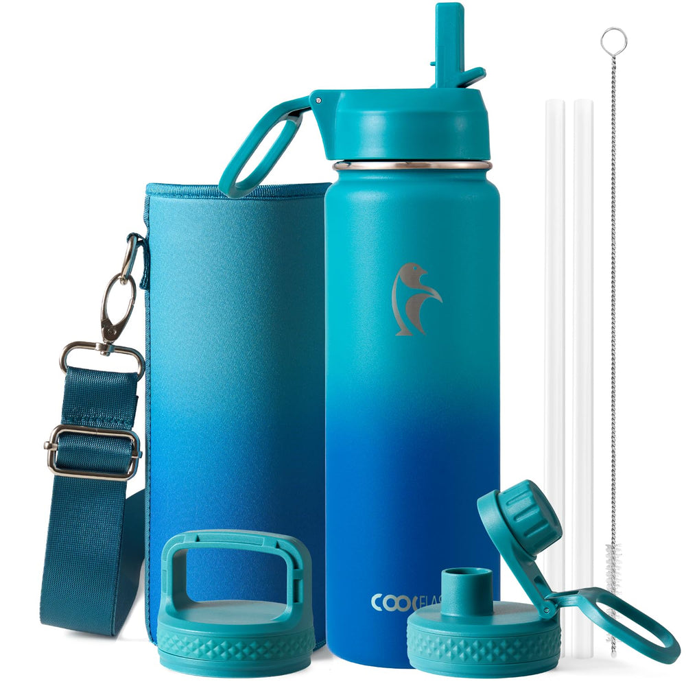 Water Bottle 40 oz Insulated with Straw&Brush, Coolflask Vaccum Stainless Steel Metal 3 Lids Water Flask for Sports, Gym or Office, Keep Cold 48H Hot 24H, Magic Black