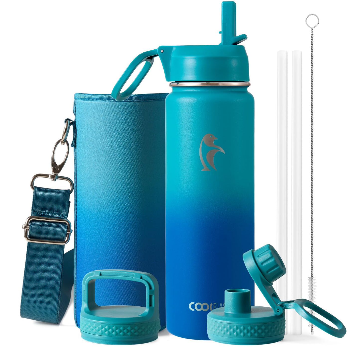 Water Bottle 40 oz Insulated with Straw&Brush, Coolflask Vaccum Stainless Steel Metal 3 Lids Water Flask for Sports, Gym or Office, Keep Cold 48H Hot 24H, Magic Black